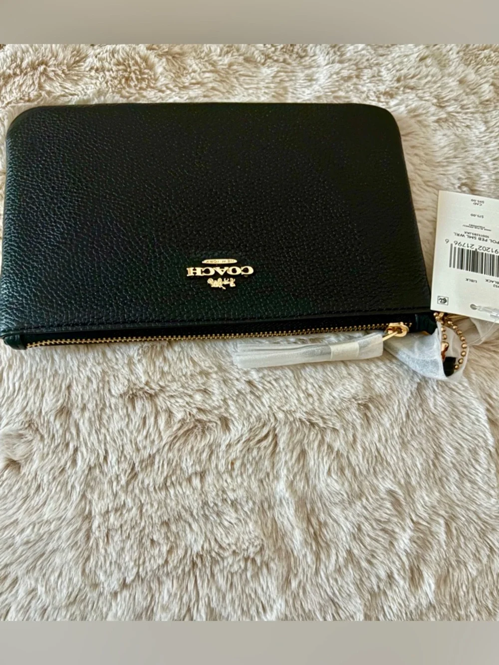 NEW Coach Black Crossgrain Leather Small Zip Top Wristlet Pouch - Picture 9 of 12